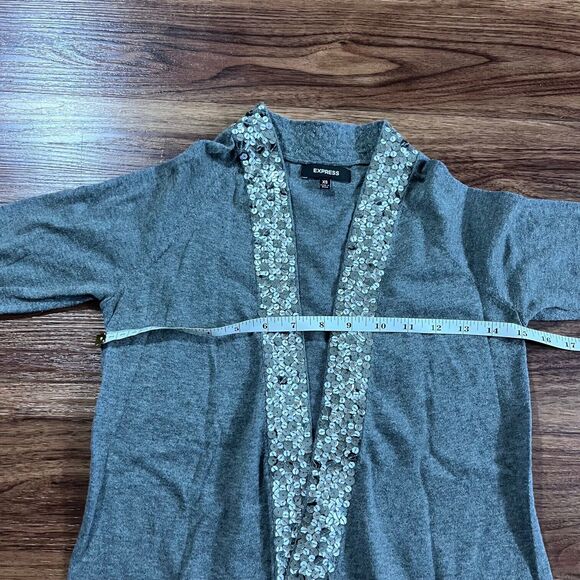 Express Sweater Open Front Sequin Trim Knit 3/4 Sleeve Cardigan Gray Women's XS - Picture 4 of 9